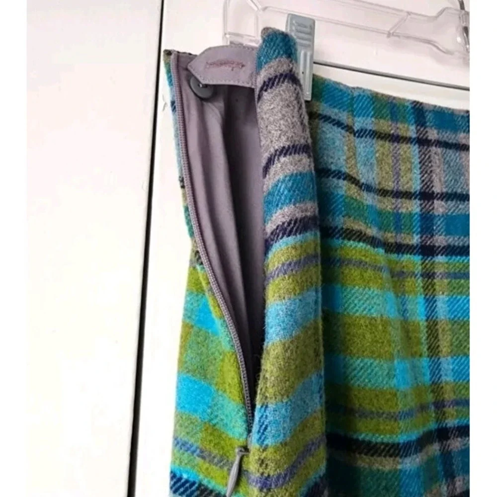 NWT J Jill Womens Plaid Skirt Sz 8P Green Gray Wool Blend Tartan Fringe Academia